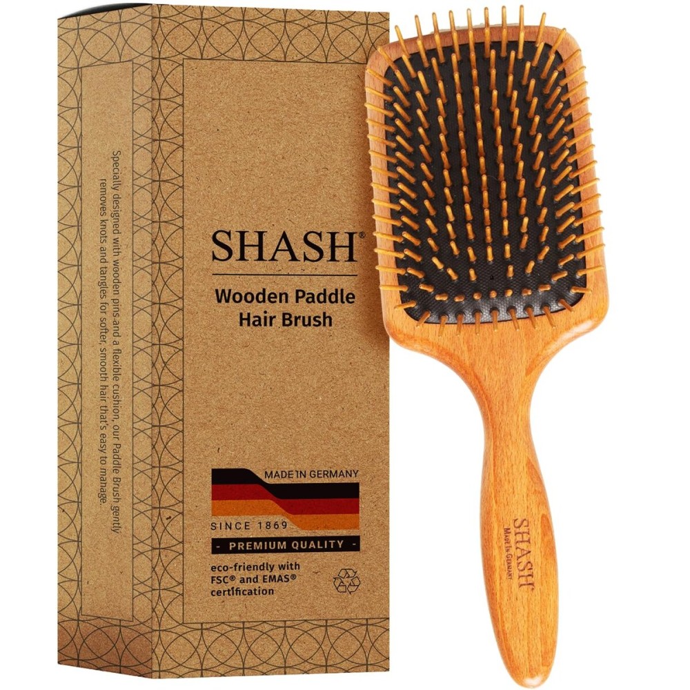 SHASH Since 1869 Made in Germany Wooden Paddle Brush - Gently Detangles, Styles, Conditions Hair with Minimal Frizz and Breakage - Safe for All Hair Types, Wet or Dry - Eco-Sourced Wood SHASH Since 1869 Made in Germany Wooden Paddle Brush - Gently Detangles, Styles, Conditions Hair with Minimal Frizz and Breakage - Safe for All Hair Types, Wet or Dry - Eco-Sourced Wood