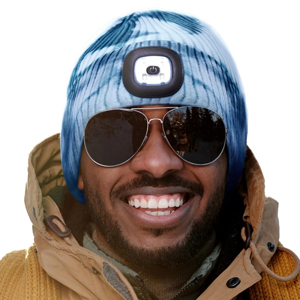 HEAD LIGHTZ Headlightz by Roq Innovation - Beanie with Light, Unisex LED Beanie Hat with Light Built in, Rechargeable, Blue Tie Dye
