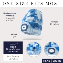 HEAD LIGHTZ Headlightz by Roq Innovation - Beanie with Light, Unisex LED Beanie Hat with Light Built in, Rechargeable, Blue Tie Dye