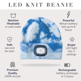 HEAD LIGHTZ Headlightz by Roq Innovation - Beanie with Light, Unisex LED Beanie Hat with Light Built in, Rechargeable, Blue Tie Dye