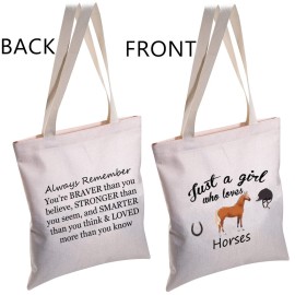 Horses Girls Gifts Horses Lover Gift Just a girl who Loves Horse Canvas Tote Bag Equestrian Gift Horse Reusable Shopping Bag(Horse Tote Bag)