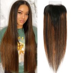 Beauty Forever FB30 Highlight Closure Brazilian Straight Lace Closure Human Hair 4X4 Free Part Brown Lace, 14 Inch Unprocessed Virgin Remy Human Hair Lace Closure Pre-plucked With Baby Hair