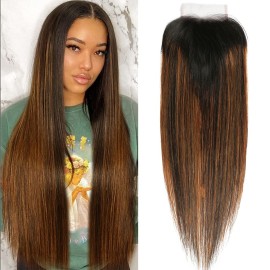 Beauty Forever FB30 Highlight Closure Brazilian Straight Lace Closure Human Hair 4X4 Free Part Brown Lace, 14 Inch Unprocessed Virgin Remy Human Hair Lace Closure Pre-plucked With Baby Hair