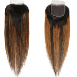 Beauty Forever FB30 Highlight Closure Brazilian Straight Lace Closure Human Hair 4X4 Free Part Brown Lace, 14 Inch Unprocessed Virgin Remy Human Hair Lace Closure Pre-plucked With Baby Hair