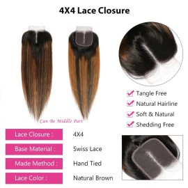 Beauty Forever FB30 Highlight Closure Brazilian Straight Lace Closure Human Hair 4X4 Free Part Brown Lace, 14 Inch Unprocessed Virgin Remy Human Hair Lace Closure Pre-plucked With Baby Hair