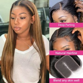 Beauty Forever FB30 Highlight Closure Brazilian Straight Lace Closure Human Hair 4X4 Free Part Brown Lace, 14 Inch Unprocessed Virgin Remy Human Hair Lace Closure Pre-plucked With Baby Hair
