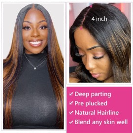 Beauty Forever FB30 Highlight Closure Brazilian Straight Lace Closure Human Hair 4X4 Free Part Brown Lace, 14 Inch Unprocessed Virgin Remy Human Hair Lace Closure Pre-plucked With Baby Hair