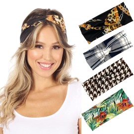 SWEETKIE Twist Front Headbands - Cute Head Wraps Perfect for Yoga, Workouts, Daywear, Happy Hour - Fashion Accessory for Women, Girls, Teens - Tropical, Houndstooth, Plaid, STATUS