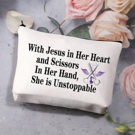 BDPWSS Hair Stylist Makeup Bag for women Hairdresser Gift With Jesus Scissors She is Unstoppable Cosmetology Graduation Gift Cosmetologist Gift (Jesus and scissors)