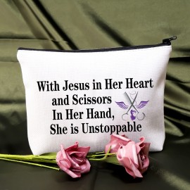 BDPWSS Hair Stylist Makeup Bag for women Hairdresser Gift With Jesus Scissors She is Unstoppable Cosmetology Graduation Gift Cosmetologist Gift (Jesus and scissors)