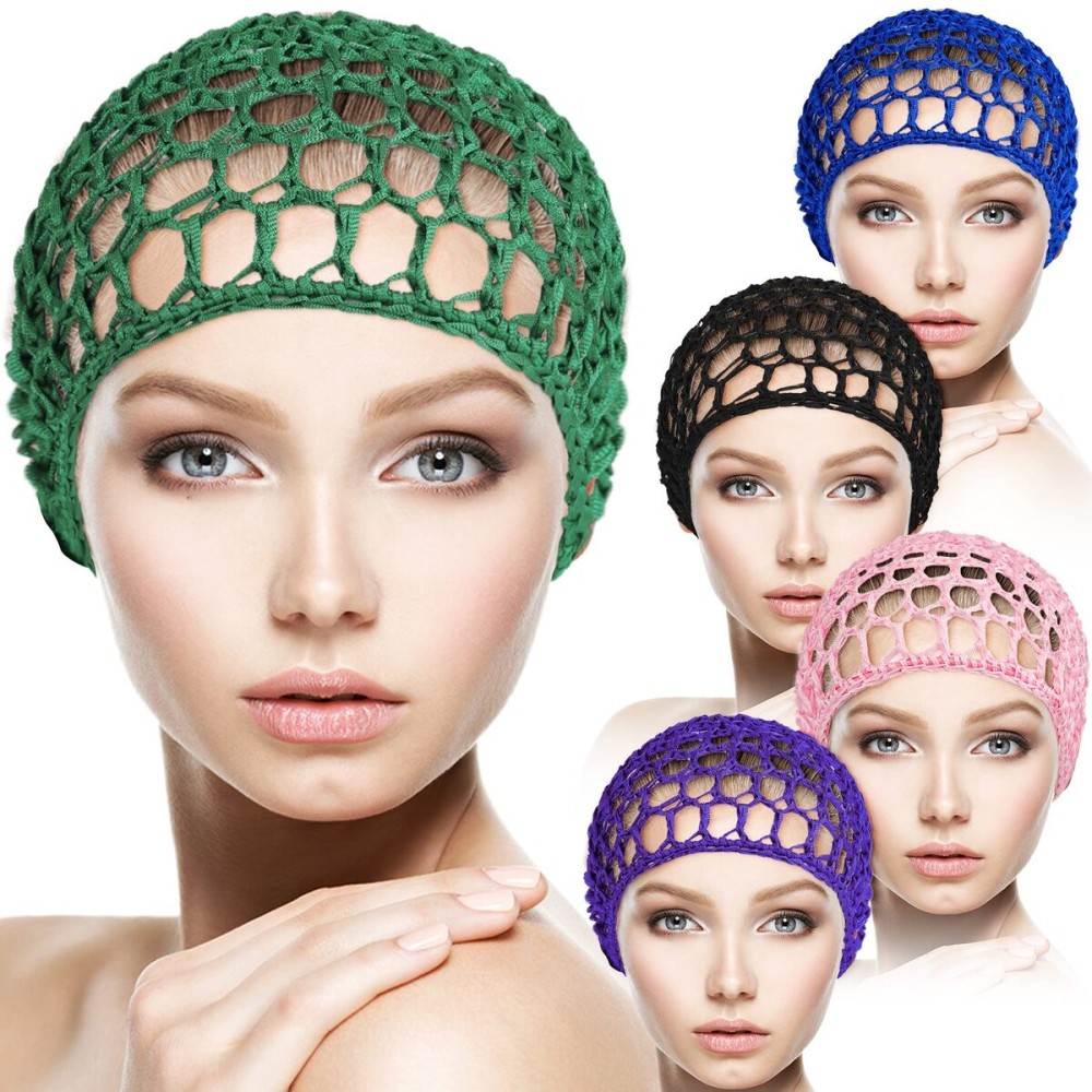 CACASO 5Pcs Mesh Hair Covers - Crocheted Snood Hats for Sleeping, Soft Rayon Knit Snoods in Pink, Black, Blue, Purple, Green