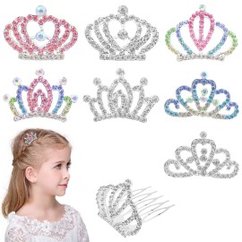 8 PCS Mini Crystal Rhinestone Princess Crown Hair Comb, Shiny Rhinestone Tiara for Girls Princess Birthday Party Supplies Hair Dectoration