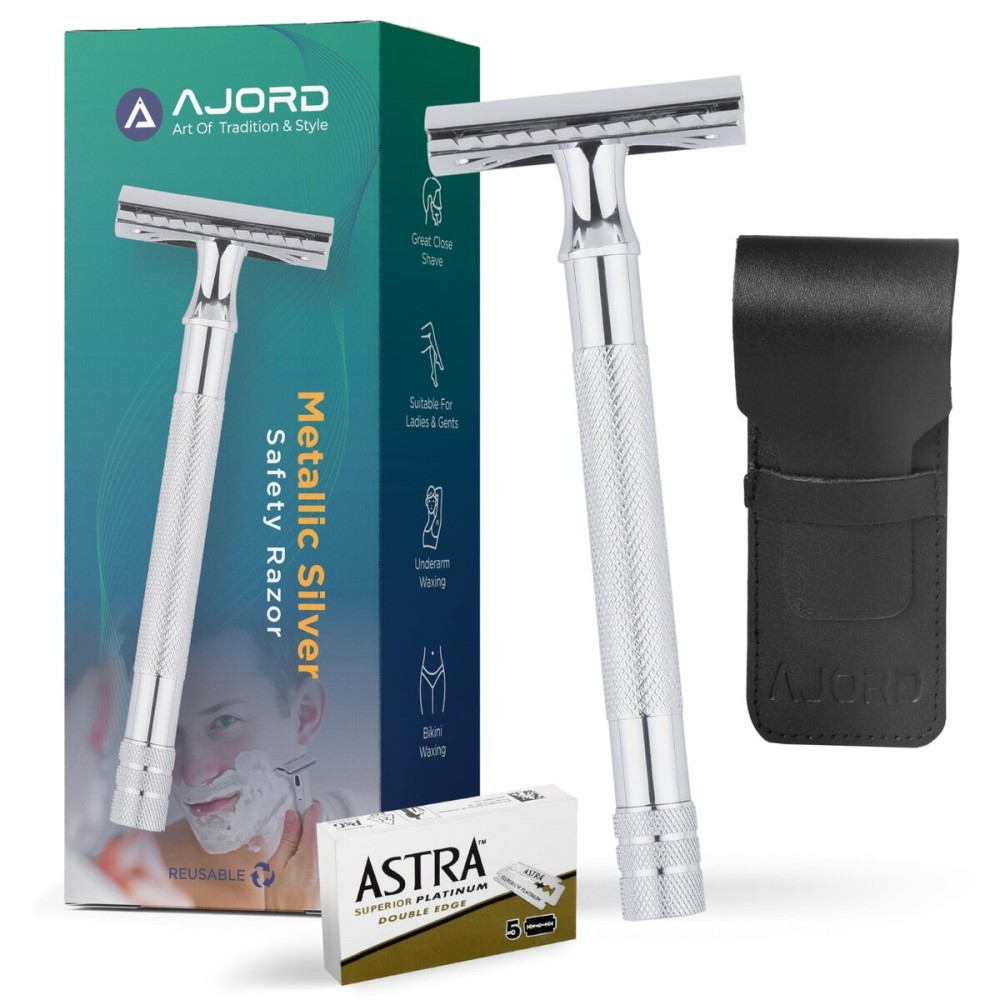 AJORD Double Edge Safety Razors for Men & Women - Reusable Men\'s Safety Shaving Razors with Long Handle - Chrome Finish De Saftey Razor - Womens Safty Razor with Astra Shaving Blades,6 Piece Set