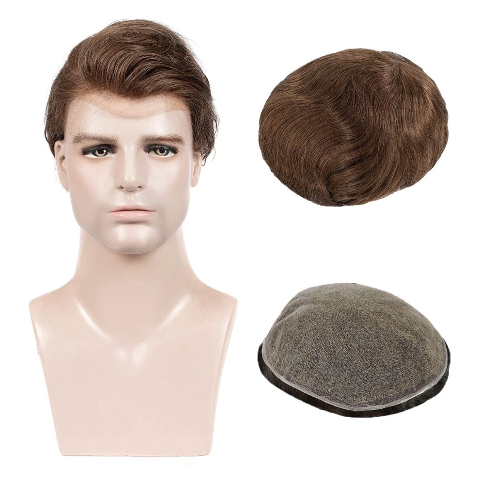 LLWear Mens Hair Pieces Toupee for Men 100% Real Human Hair 8x10 inch Base Cap Super Soft and Breathable Full French Lace Human Hair Replacement System for Men, 5(Dark Blonde Color) LLWear Mens Hair Pieces Toupee for Men 100% Real Human Hair 8x10 inch Base Cap Super Soft and Breathable Full French Lace Human Hair Replacement System for Men, 5(Dark Blonde Color)