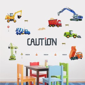 Mfault Baby Boys Construction Caution Vehicle Wall Decals Stickers, Large Trucks Tractor Excavator City Nursery Playroom Decorations Kids Room Art, Classroom Bedroom Home Decor Birthday Gift