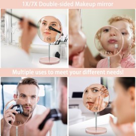 Jasefa Magnifying Make up Mirror with Stand, 1x/7x Magnification, 6 Double Sided Desk Table Mirror360 Rotation Tabletop Mirror for Traveling,Shaving -Pink