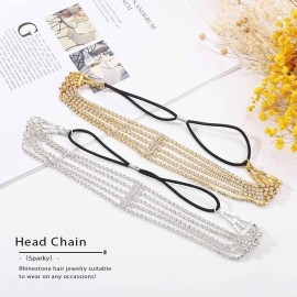 Jeairts Rhinestone Head Chain Forehead Bridal Headband Elastic Crystal Hair Band Halloween Prom Hair Jewelry for Women(2-Gold)