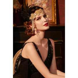 BABAEYOND 1920s Headpiece Flapper Headband - Feather Crystal Headpiece Flapper Accessories (Gold Black)