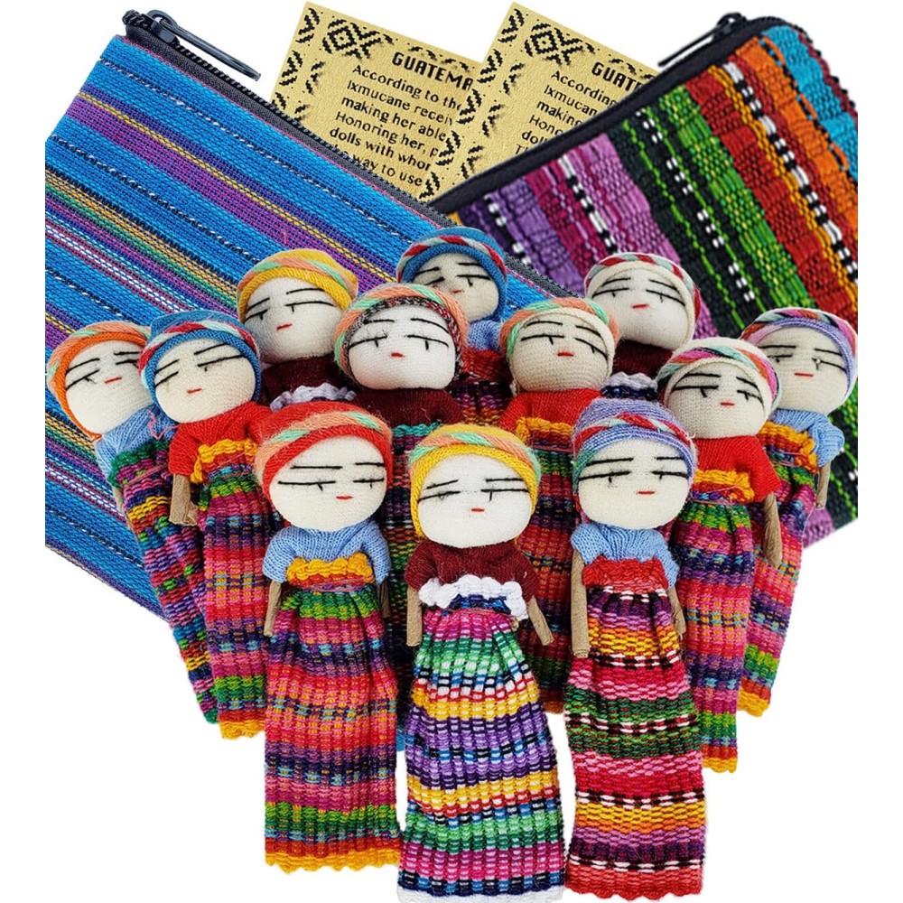 52 12 Super Cute Worry Dolls + 2 Free Guatemala Fabric Bag - Handmade from Guatemala - Worry Dolls Guatemala - Guatemalan - Mayan - Anxiety (12 Worry Dolls in 2 Bags)