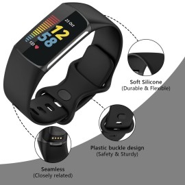 TopPerfekt Bands Compatible with Fitbit Charge 6, Adjustable Soft Silicone Sport Replacement Watch Band Straps Wristbands Bracelet for Charge 6/5 Activity Tracker Women Men (Black, Small)