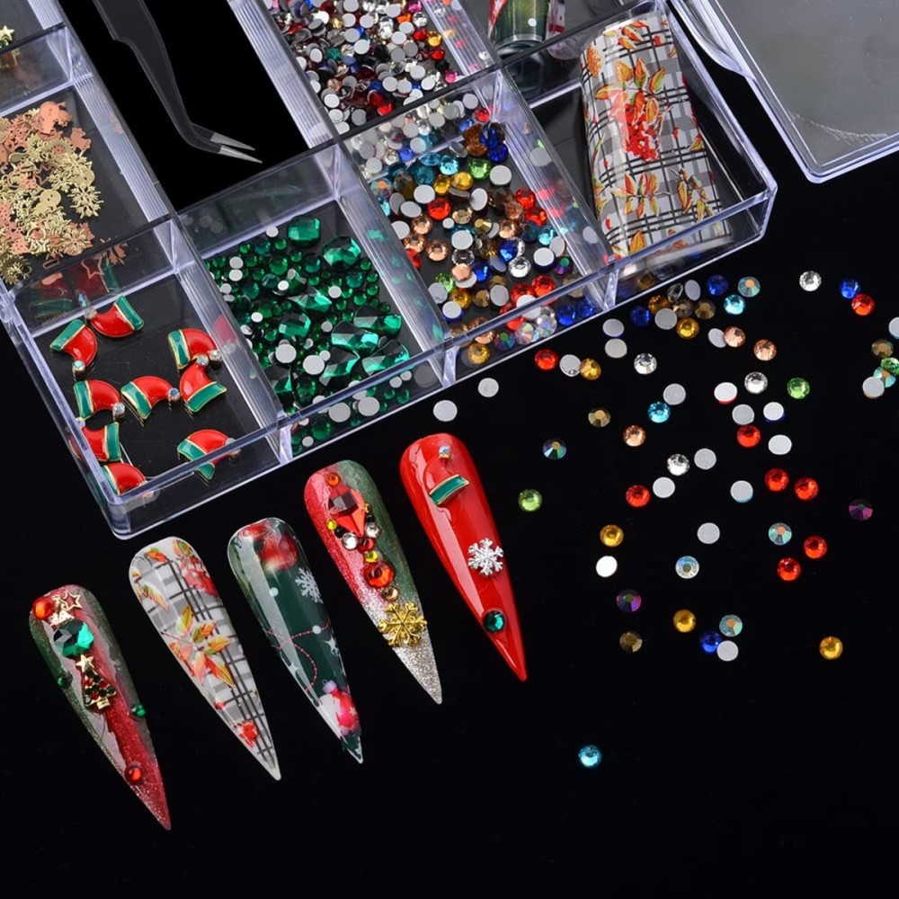 MEILINDS Christmas Nail Art Rhinestones & Charms - 22 Pcs Mixed Crystal Set - Resin, Glass, Metal - Christmas Tree, Snowman, Reindeer & More - Nail Art Kit