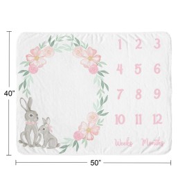 Sweet Jojo Designs Woodland Bunny Girl Milestone Blanket Monthly Newborn First Year Growth Mat Baby Shower Memory Keepsake Gift Picture - Blush Pink Mint Green Grey Boho Floral Watercolor Rose Flower