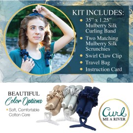 Curl Me A River Silk & Cotton Hair Curler | Heatless Curl Kit | No Heat Curls | Includes Silk Ribbon Headband with Scrunchies and Hair Clip for Perfect Curls (Silver Stone)