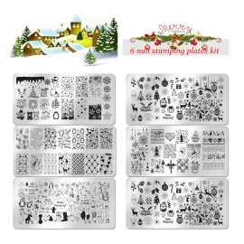 JERCLITY 6pcs Christmas Nail Stamping Plate Snowflake Santa Claus Christmas Tree Elk Image Pattern Nail Art Stamping Kit for Nails