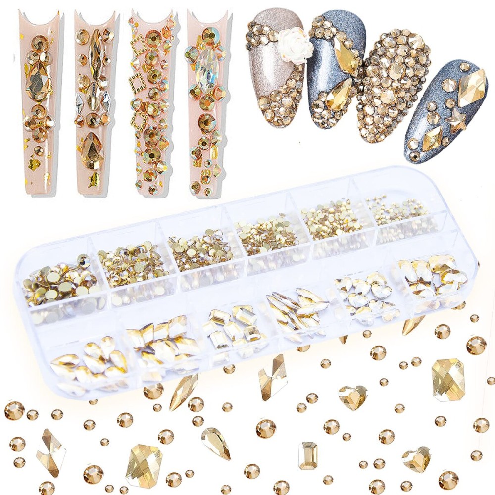 660Pcs Champagne Gold Crystal Rhinestones Nail Art Flat Back Round Multi Sized Shapes Stones Gem Rhinestone Beads for Nail Art DIY Jewelry Crafts Accessories 660Pcs Champagne Gold Crystal Rhinestones Nail Art Flat Back Round Multi Sized Shapes Stones Gem Rhinestone Beads for Nail Art DIY Jewelry Crafts Accessories