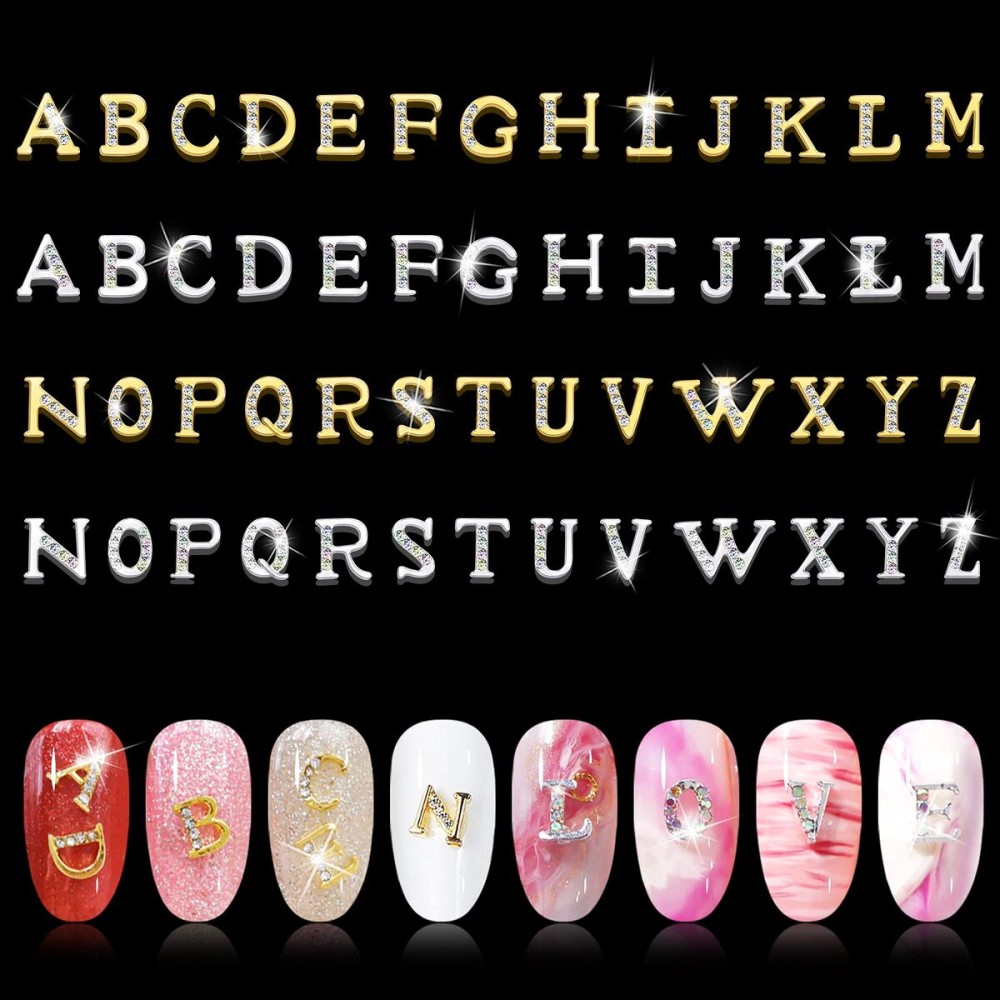 Kalolary 156Pcs Gold Silver 3D Capital Rhinetone Nail Letter English Alphabet Stud Charm DIY Manicure Jewelry Making Crafts Decoration for Women Girls