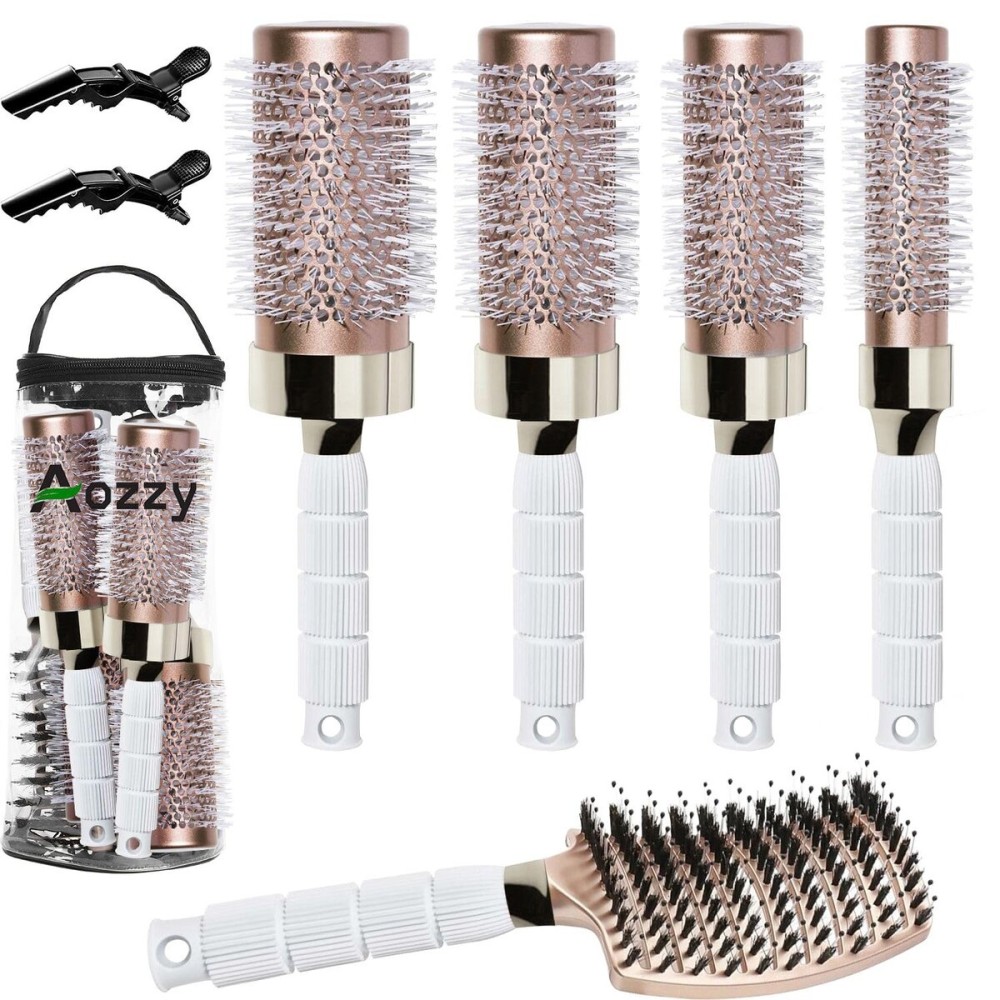 Aozzy Round Brush Set with Boar Bristle Curved Vented Hairbrush for Styling, Drying, and Healthier, Shinier Hair