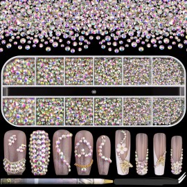 3600pcs Glass Rhinestones 1.8/2/2.4/2.8/3/4mm Flatback Crystal for Nail, AB Color Multi Sizes Nail Gems for Nail Art Decoration Manicure with Tweezer and Pickup Pencil