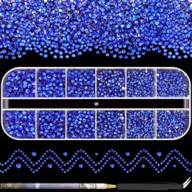 3600pcs Glass Rhinestones 1.8/2/2.4/2.8/3/4mm Flatback Crystal for Nail, Royal Blue Multi Sizes Nail Gems for Nail Art Decoration Manicure with Tweezer and Pickup Pencil
