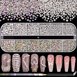 3600pcs Glass Rhinestones 1.8/2/2.4/2.8/3/4mm Flatback Crystal for Nail, AB and Transparent White Multi Sizes Nail Gems for Nail Art Decoration Manicure with Tweezer and Pickup Pencil