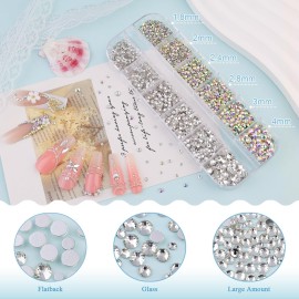 3600pcs Glass Rhinestones 1.8/2/2.4/2.8/3/4mm Flatback Crystal for Nail, AB and Transparent White Multi Sizes Nail Gems for Nail Art Decoration Manicure with Tweezer and Pickup Pencil