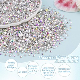 3600pcs Glass Rhinestones 1.8/2/2.4/2.8/3/4mm Flatback Crystal for Nail, AB and Transparent White Multi Sizes Nail Gems for Nail Art Decoration Manicure with Tweezer and Pickup Pencil