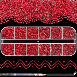 3600pcs Glass Rhinestones 1.8/2/2.4/2.8/3/4mm Flatback Crystal for Nail, Red Multi Sizes Nail Gems for Nail Art Decoration Manicure with Tweezer and Pickup Pencil