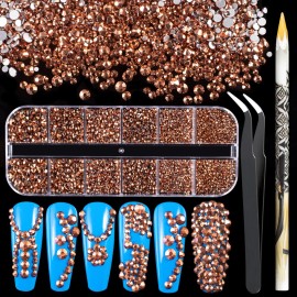 3600pcs Glass Rhinestones 1.8/2/2.4/2.8/3/4mm Flatback Crystal for Nail, Rose Gold Multi Sizes Nail Gems for Nail Art Decoration Manicure with Tweezer and Pickup Pencil