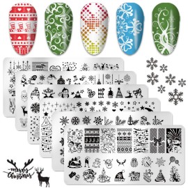 SILPECWEE 6pcs Christmas Nail Stamping Plate Nail Stamp Snowflake Elk Winter Nail Stencils Nail Art Stamping Kit Holiday Manicure Template