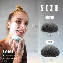 myHomeBody Natural Konjac Facial Sponges - for Gentle Face Cleansing and Exfoliation - with Lavender Purple and Activated Charcoal, Set of 4