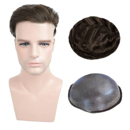 LLWear Toupee for Men Human Hair Mens Hair Pieces 0.06mm Soft Thin Skin Single Knotted Natural Wavy Men\'s Hair Replacement System with 8X10 Inch Cap 3(Brown Color)
