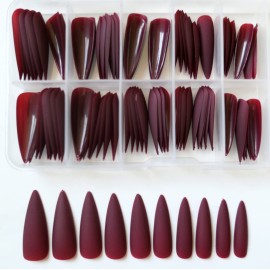 LoveOurHome 100pc Stiletto Press on Nails Long Fake Nails Matte Stiletto Nails Press ons Nail Burgundy Artificial Fingernails Long Pointy False Nails Full Cover Acrylic Nail Tips for Women Girls