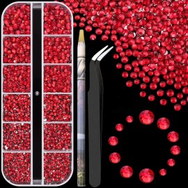 3600pcs Glass Red Nail Rhinestones 6 Sizes(1.8/2/2.4/2.8/3/4mm) Flatback Crystal Nail Charms Jewels Decoration for Nail Art and Crafting, Tweezer and Pickup Pen Included