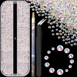 3600pcs Glass Transparent AB Nail Rhinestones 6 Sizes(1.8/2/2.4/2.8/3/4mm) Flatback Crystal Nail Charms Jewels Decoration for Nail Art and Crafting, Tweezer and Pickup Pen Included