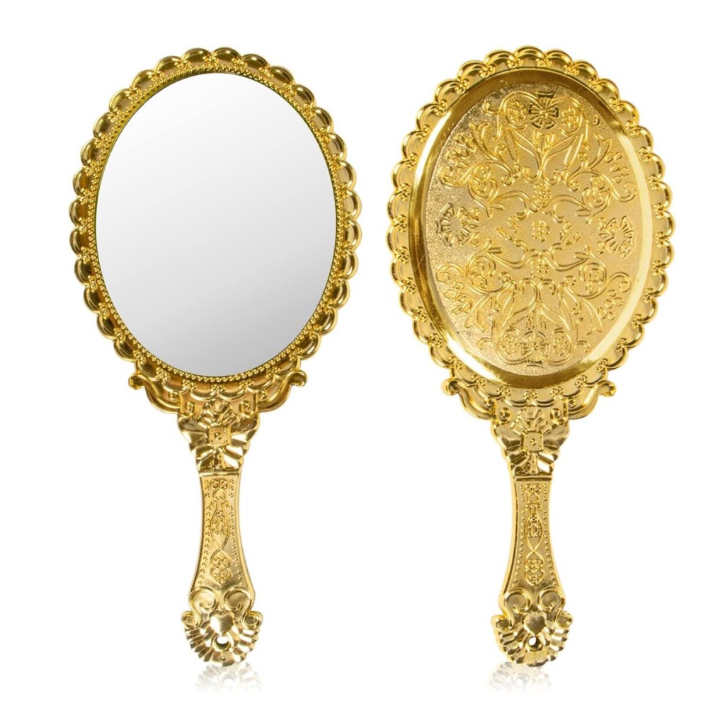 YUSONG Handheld Mirror with Handle, Hand Mirrors for Women Travel Small Vintage Purse Mirrors, Hand Held Compact Packet Mini Face Makeup for Girls Decorative Embossed Flower(Brass Gold) (Glod)
