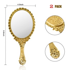 YUSONG Handheld Mirror with Handle, Hand Mirrors for Women Travel Small Vintage Purse Mirrors, Hand Held Compact Packet Mini Face Makeup for Girls Decorative Embossed Flower(Brass Gold) (Glod)