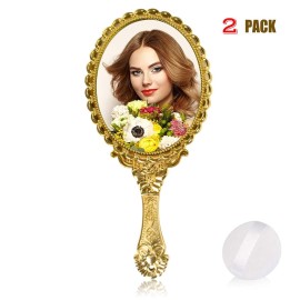 YUSONG Handheld Mirror with Handle, Hand Mirrors for Women Travel Small Vintage Purse Mirrors, Hand Held Compact Packet Mini Face Makeup for Girls Decorative Embossed Flower(Brass Gold) (Glod)