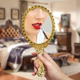 YUSONG Handheld Mirror with Handle, Hand Mirrors for Women Travel Small Vintage Purse Mirrors, Hand Held Compact Packet Mini Face Makeup for Girls Decorative Embossed Flower(Brass Gold) (Glod)