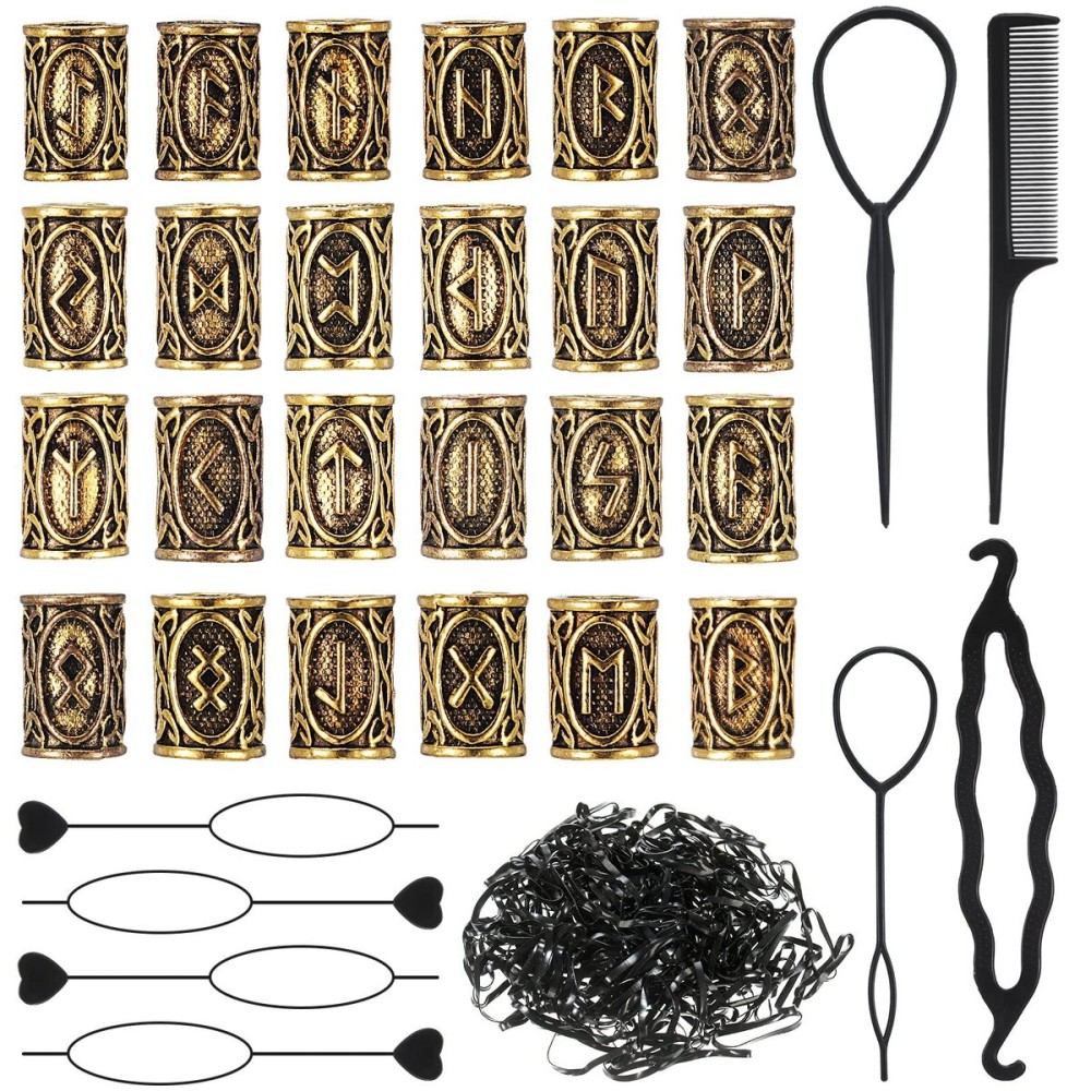 Geosar 24 Pcs Norse Vikings Runes Hair Beard Beads for Bracelets Necklace Accessories DIY Includes 7 Pcs Pull Hair Pin Quick Beader Tool and Black Rubber Bands for Women Men(Gold)