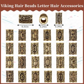 Geosar 24 Pcs Norse Vikings Runes Hair Beard Beads for Bracelets Necklace Accessories DIY Includes 7 Pcs Pull Hair Pin Quick Beader Tool and Black Rubber Bands for Women Men(Gold)